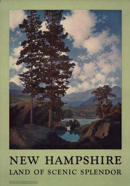 An original lithograph promoting New Hampshire as the "Land of Scenic Splendor." The poster features the artist Maxwell Parrish's depiction of a New Hampshire landscape comprised of a lake or stream in the foreground leading to a lake surrounded by mountains, hills, rock formations, and trees. There is a small town on the other side of the lake. Information on the poster states that the poster was made for the State Planning and Development Commission [of New Hampshire].