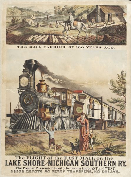 Colored print containing two images advertising the delivery of mail. The main image is of the large Michigan and Southern train labeled "The Fast Mail" delivering and picking up mailbags. The smaller scene depicts "the mail carrier of 100 years ago" on horseback on a plank road near a cabin and a river.