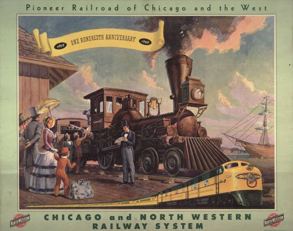 An original colored lithograph advertising the Chicago and North Western Railway's 100th Anniversary from 1848 to 1948. The poster features the artist Paul Proehl's depiction of people on a platform near the Pioneer Railroad of Chicago and the West 1848-style train in the main illustration, with a small illustration of a Chicago and North Western Railway 1948-style train on the bottom.