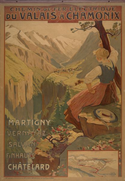 An original colored lithograph advertising the Chemins de Fer électrique du Valais à Chamonix (Electric Railways of Valais in Chamonix) railway. The poster features the artist Edouard Ravel's depiction of a Swiss woman overlooking a deep river valley, reminiscent of a canyon. In the distance is a town on the edge of the canyon. On the bottom right side of the poster is a map displaying the railway's route between Chamonix, Martigny, Vernayaz, Salvan, Finhauts, and Châtelard.