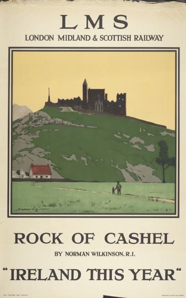 An original colored lithograph advertising the London Midland and Scottish Railway Company, promoting travel to "Ireland This Year" and the Rock of Cashel. The poster features the artist Norman Wilkinson's depiction of the Rock of Cashel, with a man and boy walking toward a small cottage located in the middle-ground.
