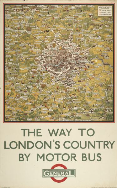 An original colored lithograph advertising the "The Way to London's Country by Motor Bus" using the Underground Electric Railway Company's motor bus service. The poster features the artists Thomas Derrick and Katherine Ritchie's hand-drawn map of London and the surrounding regions, as well as the motor bus routes that access those regions.