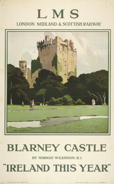 An original colored lithograph advertising the London Midland and Scottish Railway Company, promoting travel to "Ireland This Year" and the Rock of Cashel. The poster features the artist Norman Wilkinson's depiction of the Blarney Castle with visitors walking on the grounds in the foreground.
