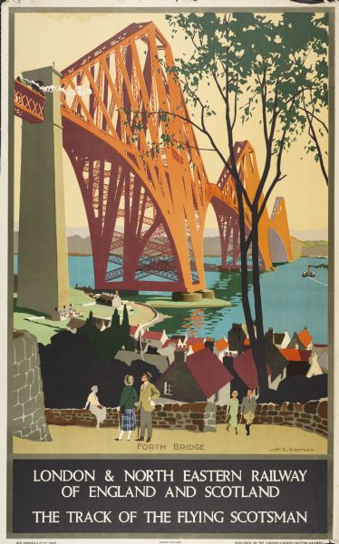An original colored lithograph advertising the London and North Eastern Railway of England and Scotland. The poster features the artist H.G. Gawthorn's depiction of the Forth Bridge, with onlookers in the foreground gazing up at a passing train using the vibrantly colored bridge to cross the Firth of Forth in Scotland.

