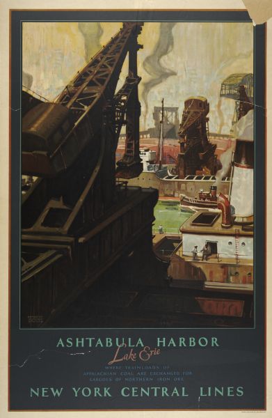 An original New York Central Lines railway lithograph promoting Ashtabula Harbor, Lake Erie, as the location "Where Trainloads of Appalachian Coal are Exchanged for Cargoes of Northern Iron Ore," and to get there by way of the New York Central lines train system. The poster features the artwork of Herbert Morton Stoops, and depicts an industrial harbor scene.