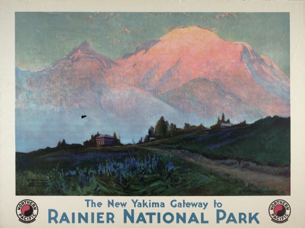 An original lithograph promoting "The New Yakima Gateway to Rainier National Park," and to get there by way of the Northern Pacific Railway. The poster features the artwork of Sydney Laurence, and depicts a dramatic mountain view in the background, with vivid grassland in the foreground.