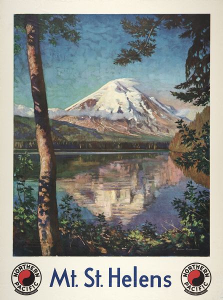 An original lithograph promoting Mt. St. Helens, and to get there by way of the Northern Pacific Railway. Featuring the artwork of Gustav Krollmann, it depicts a colorful view of snow-capped Mt. St. Helens and its reflection in a body of water. The view is framed with foliage in the foreground.
