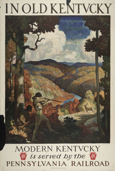 An original lithograph promoting Kentucky and the Pennsylvania Railroad through an artist's depiction of two men dressed in buckskin, wearing raccoon hats and powder horns. One of the men is taking aim with his rifle at a deer running through a clearing. In the background is a river down in a valley surrounded by the autumn-colored hills of Kentucky.  
