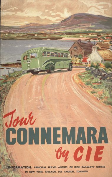 An original lithograph promoting Connemara, Ireland, and CIE Tours International travel company. Featuring the artist Costelloe, the poster depicts a bus traveling on a dirt road near the coastline, with a body of water and small cottages in the middle-ground, and a mountain in the background.