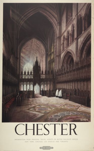 An original lithograph promoting the British Railways through the artist Felix Kelly's depiction of the Chester cathedral, which includes the choir stalls.
