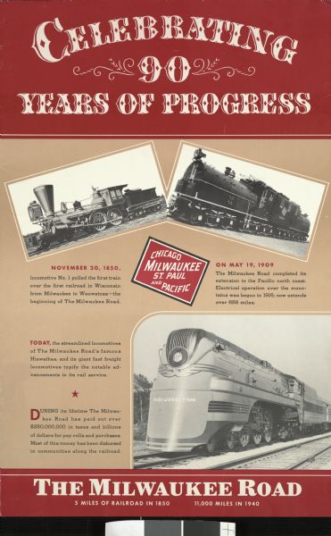 An original colored poster celebrating the Milwaukee Road's 90 years of progress. The poster features three photographs of locomotive engines, ranging in time from 1850 to 1909 to 1940. Additionally, each photograph includes a caption giving background information.