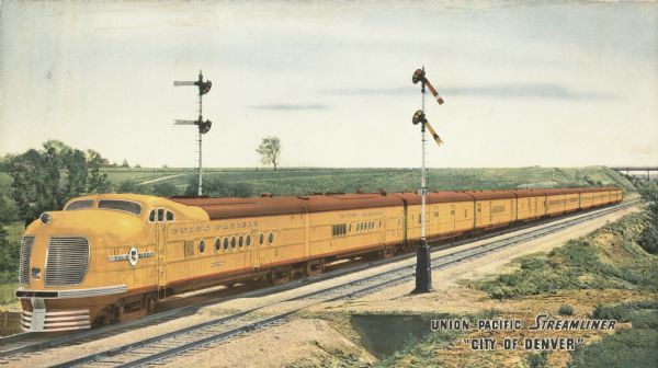 An original color lithograph promoting the Union Pacific Railway Streamliner, and the "City of Denver." In the artist's depiction, a yellow Union Pacific passenger train approaches the foreground at an angle, with the attached passenger cars appearing smaller in the distance, with a bridge on the right. In the far background is a rural setting, with fields and a farmhouse.