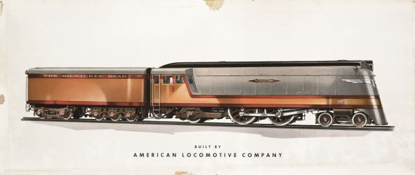 An original color lithograph featuring a side profile view of The Milwaukee Road Hiawatha engine and one additional car. Below the image is written: "Built By American Locomotive Company."