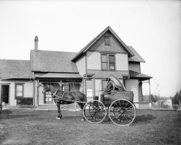 A salesman sits in a horse-drawn carriage in front of a two-story house. On the side of the carriage, it reads, "Willson's flavoring extracts/ Monarch remedies."