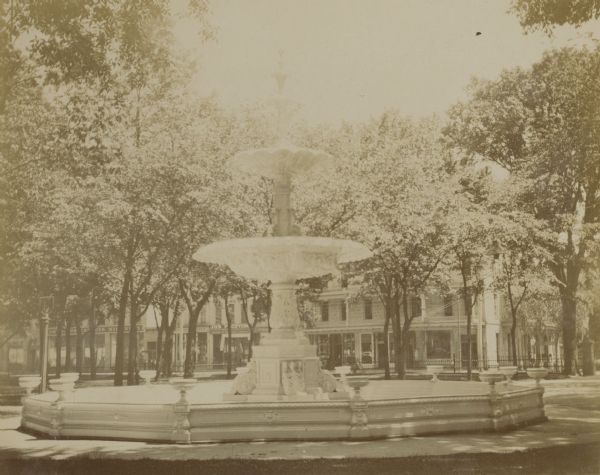 A large marble fountain in Capitol Park.