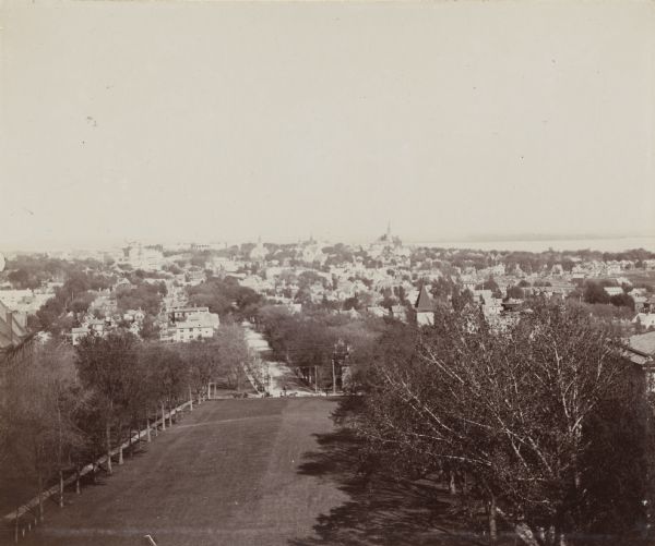 Elevated view of the city of Madison, seen from atop Bascom Hill on the University of Wisconsin-Madison campus.