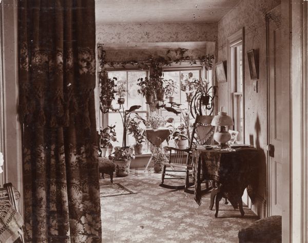 An interior view through a curtained doorway of Captain J.W. Hommrel's(?) home. The Victorian interior includes tapestries, patterned wallpaper, and many potted plants, and pieces of furniture.