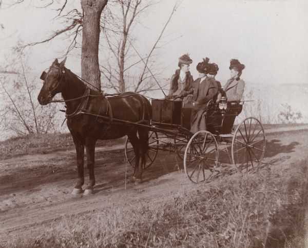Four women, Mrs. D.W. Osbarn(?) Mrs. E.G. Vandercook, Mrs. Wm Master and Mrs. H. Schildhauer, ride in a horse-drawn carriage along a road near Lake Mendota. The four women all wear an elaborate hat and are well-dressed.