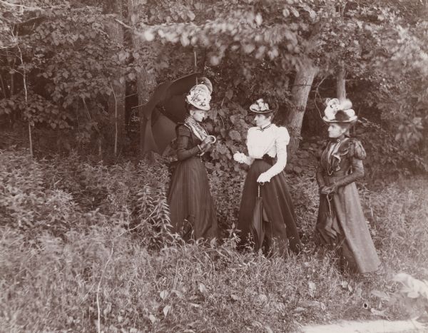 Three Schildhauer women, Mrs. Henry, Annie and Clara, stand in a wooded area. All three women wear elaborate hats, and Mrs. Henry holds an open umbrella.