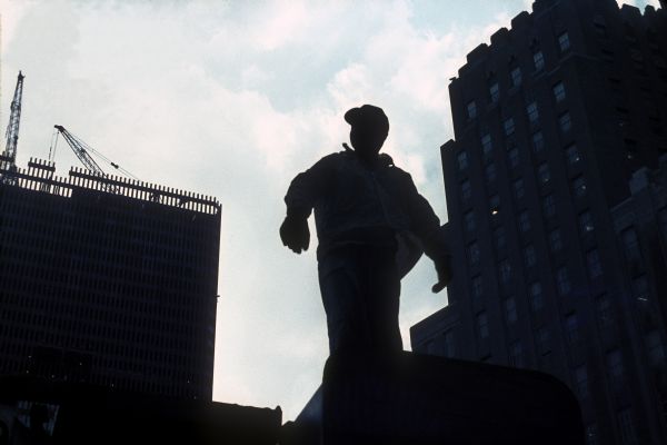 Silhouette of a construction worker during the construction of the World Trade Center.