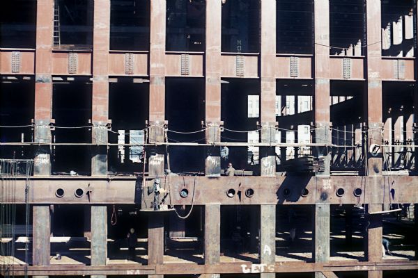 Detail of the framework of the World Trade Center during construction.