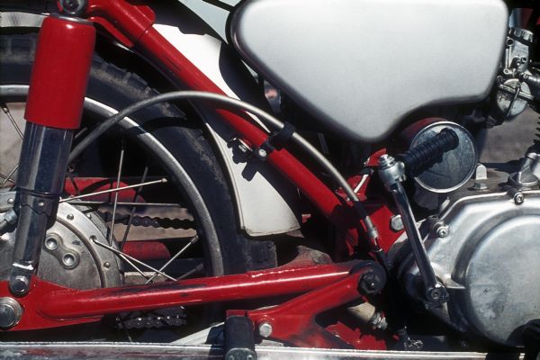Close-up of a red motorcycle.