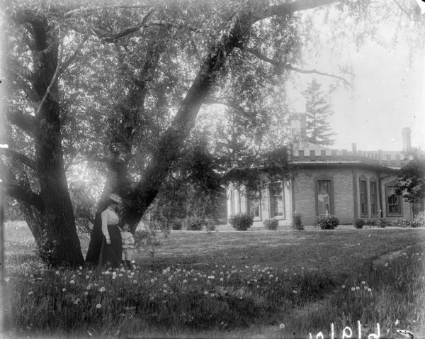 Syl and aunt Helen stand underneath a willow tree. Octagon Cottage is in the background to the right and wildflowers are in the foreground. The edge of the roof on the cottage has crenelations along it, and a brick chimney is in the middle the roof