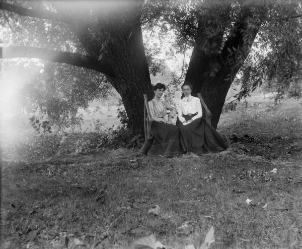 Two women seated on a rustic bench under a willow tree at Gordon Place.