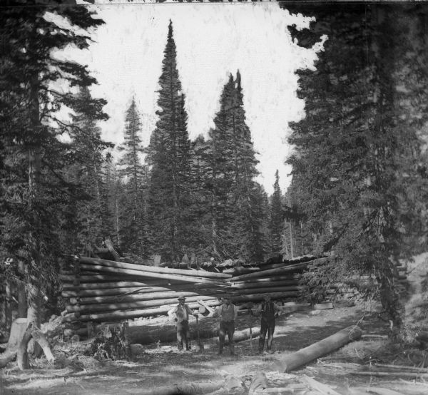 Men standing in front of a pile of timber or possibly a broken down log cabin associated with the Leighton-Wyoming mining operation.