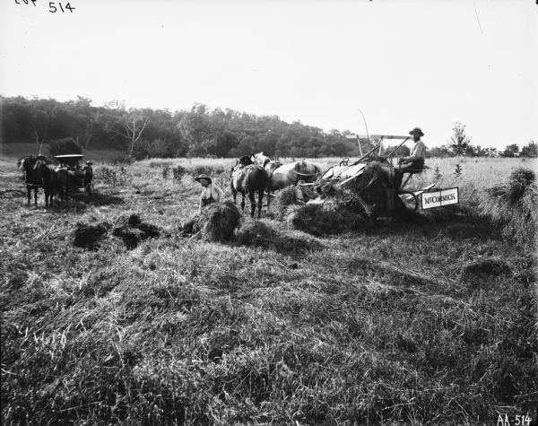 A man is picking up bundles of grain by hand, while another man is operating a horse-drawn grain binder. In the left background is a group of people in a surrey.