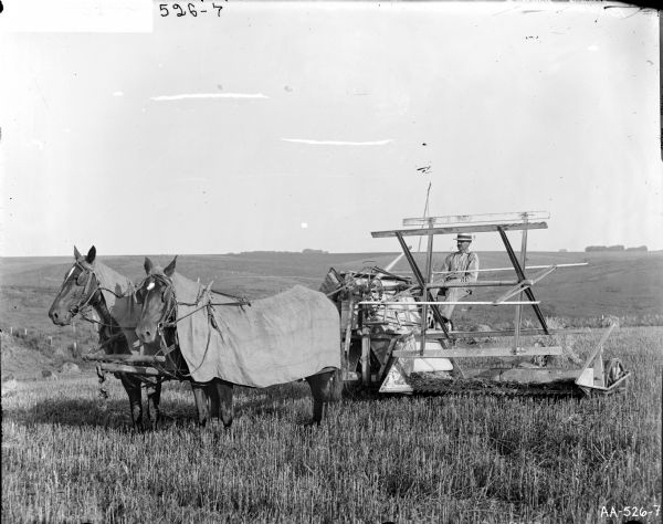 A man wearing a hat with a wide band is sitting on a horse-drawn grain binder in a field. Both horses are wearing blinders and are covered with blankets.