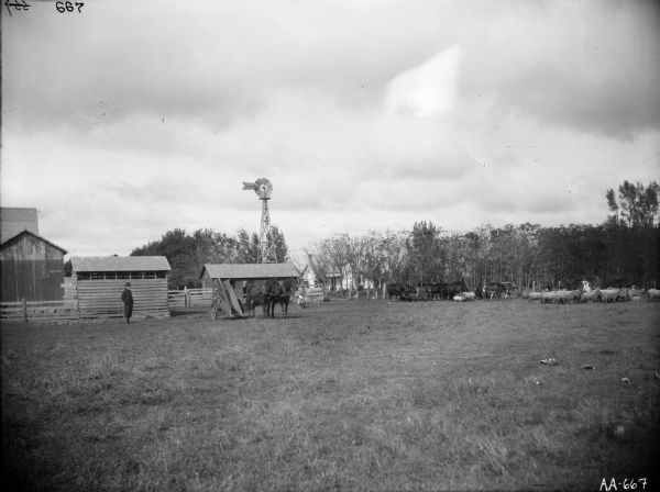 View from distance of a man standing in a field with fences and farm buildings behind him. A horse-drawn corn binder is standing in the field, and cows, pigs, and sheep are standing on the right. A woman with a bicycle is standing behind the binder.