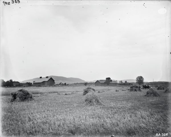 Fields with hay piled in field. Several farm buildings, including a barn, are in the background. On the far right a man is operating a reaper pulled by two horses.