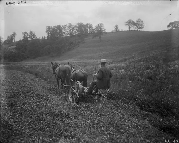 A bearded man in a coat and a straw hat is operating a mower pulled by two horses in a hilly field. Trees cover part of the hill in the background.
