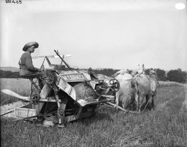 Right side view of a man, wearing a hat and a striped shirt, operating a McCormick grain binder in a field with trees in the background. The binder is being pulled by three horses wearing fly-nets.