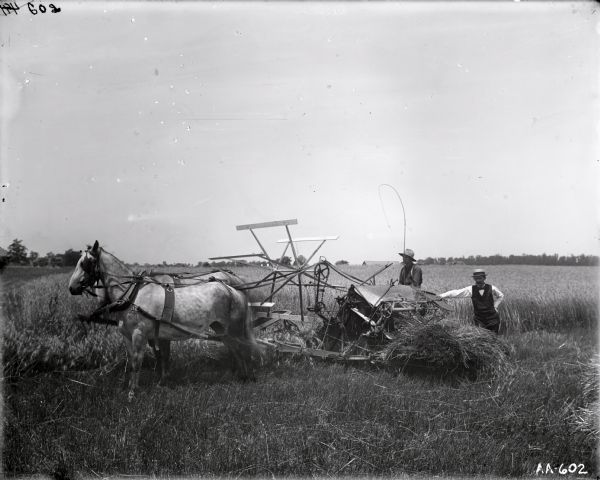 Two men are posing in a field with a grain binder and two horses. One man is sitting on the binder seat, and the other man is leaning on the binder behind him. A field full of grain and the top of the roof of a farm building is behind them.