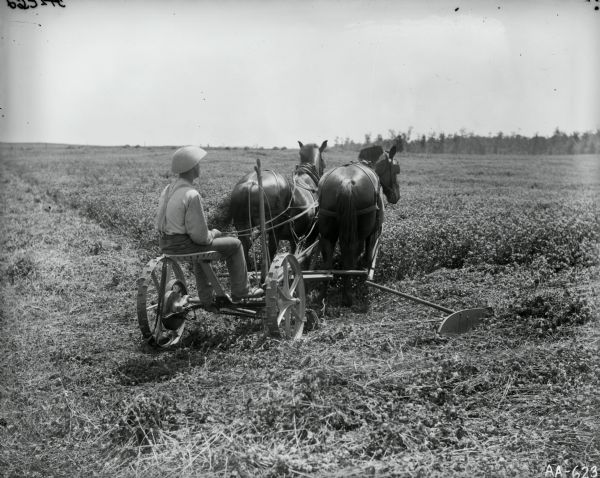 A man wearing a bowl-shaped straw hat is operating a horse-drawn mower in a field.