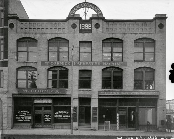 Offices of the McCormick Harvesting Machine Company agency or dealership of H.F. Anderson. The offices are part of a grain exchange building, possibly the Winnipeg Grain Exchange. Other building tenants includes Samuel Spink, S.P. Clark and Parrish Lindsay & Co.