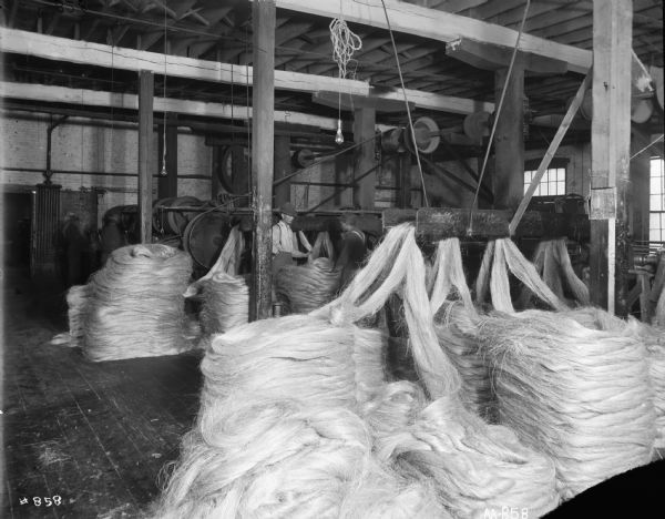Sisal or henequen fiber streaming from machinery at a factory. A group of men are working in the background. Likely the McCormick Twine Mill.