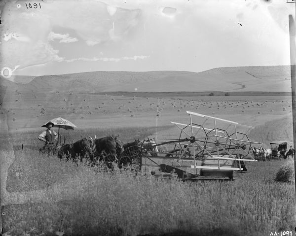 Man harvesting grain in a field with a horse-powered push binder. Another man with a horse-drawn carriage is  in the distance. An umbrella reads: "J.T. Lobaugh, Agricultural Implements."