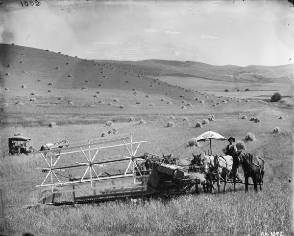 Man harvesting grain in a field with a horse-powered push binder. Another man with a horse-drawn carriage is in the distance. An umbrella reads: "J.T. Lobaugh, Agricultural Implements."
