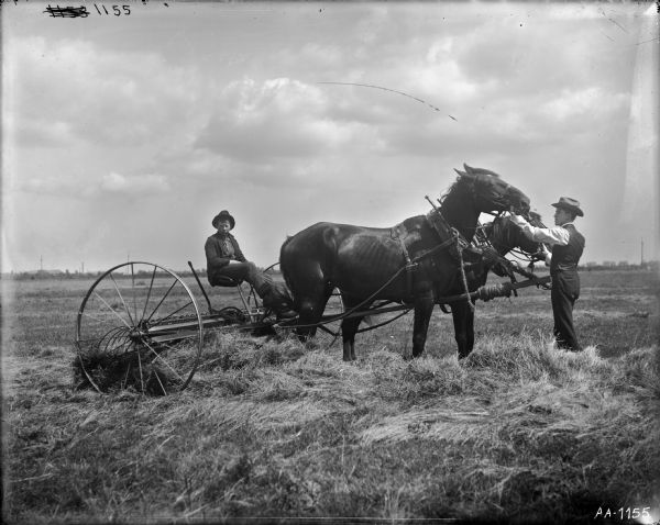 Two men with a horse-drawn hay rake (or dump rake) in a field. One of the men is wearing a suit.