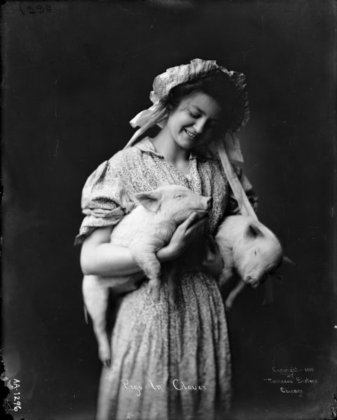 Portrait of a young woman posing wearing a dress and bonnet in a studio. She is holding two young pigs. The image was likely used by the McCormick Harvesting Machine Company as the basis of an advertising illustration. An original caption scratched on the negative reads "Pigs in Clover."