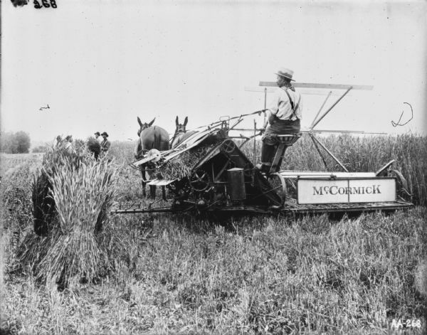 Rear view from left of a man using a horse-drawn binder in a field. Sheaves of wheat are stacked along the left side, and a group of men are standing with the sheaves in the background.