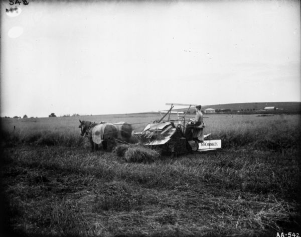 Three-quarter rear view from left of a woman using a horse-drawn McCormick binder in a field. The horses are wearing blankets. Farm buildings are in the background.