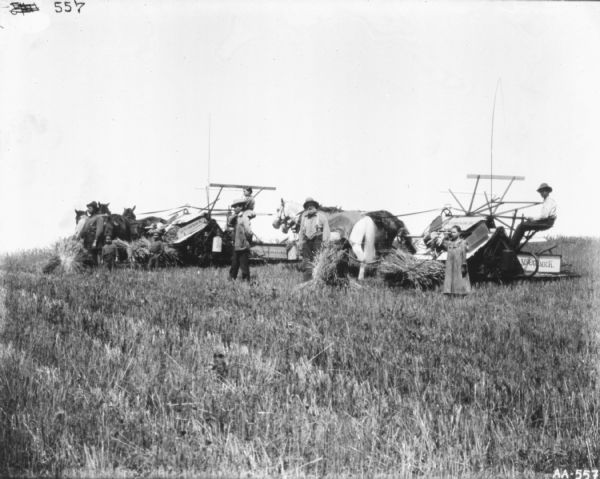 Group of men, children, and a woman with two horse-drawn McCormick binders in a field. Some of the men are standing sideways, in profile, looking left. A young girl is standing near a man sitting on the binder on the right. Two young boys are standing on the left. A woman is sitting on the binder on the left.