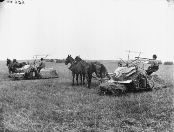 Three-quarter view from left of two men using two horse-drawn binders in a field. In the far background are farm buildings surrounded by trees.