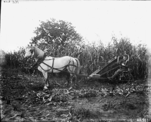 Left side view of a man using a horse-drawn binder in a cornfield. On the left in the far background is a farmhouse.