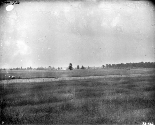Landscape view across field towards a man on a horse-drawn mower on the far left. In the far background are farm buildings and trees.