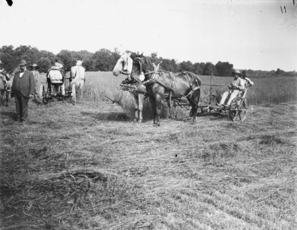 Two men using horse-drawn mowers in a field. A man wearing a suit is standing on the left. A man is standing behind the mower on the right holding a scythe.